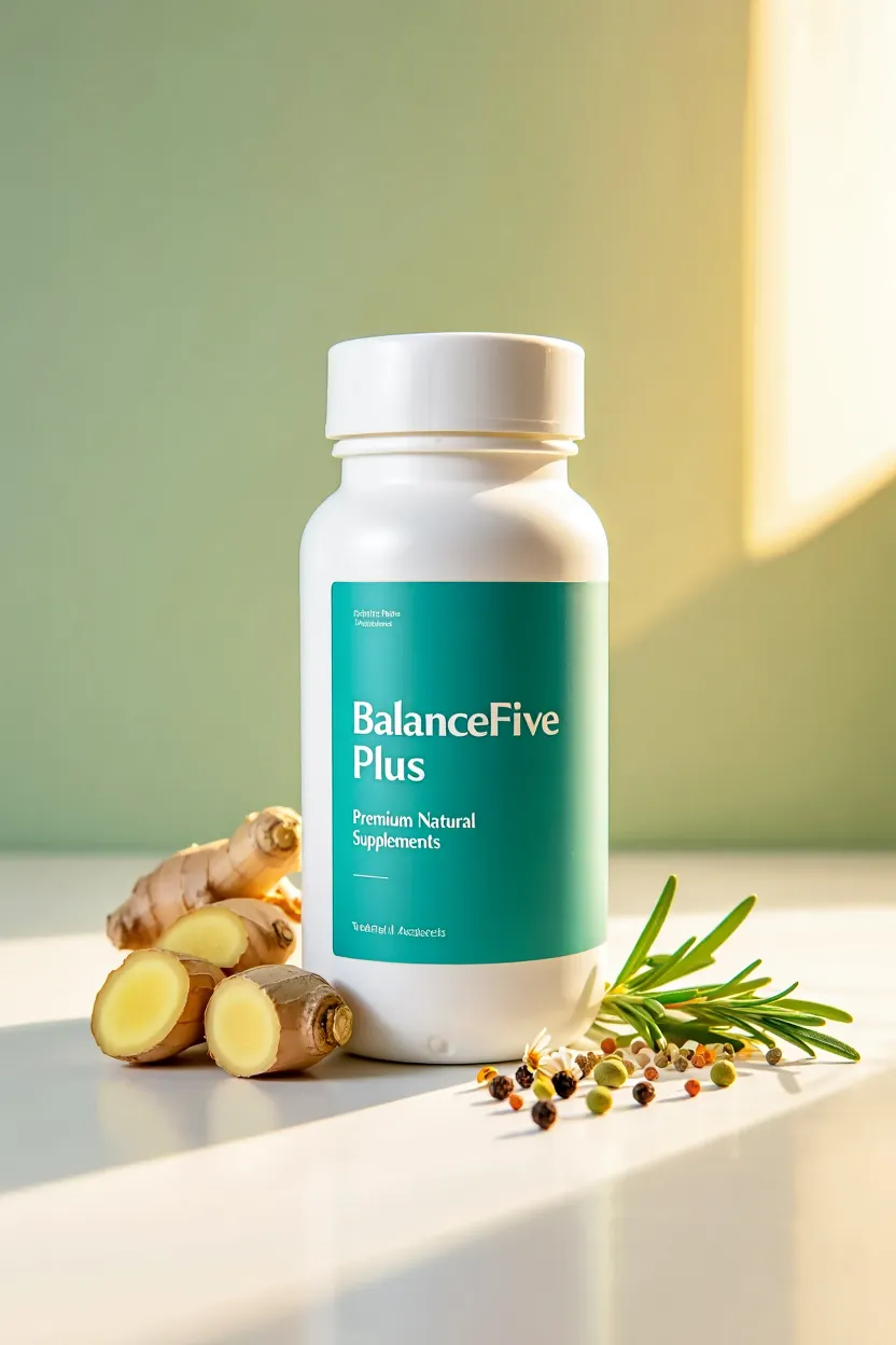 BalanceFive Plus supplement bottle with natural ingredients displayed